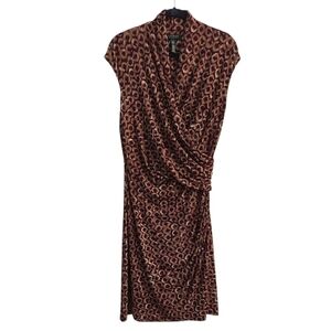 LAUREN RALPH LAUREN Tan and Purple Patterned Sleeveless Faux Wrap Midi Dress